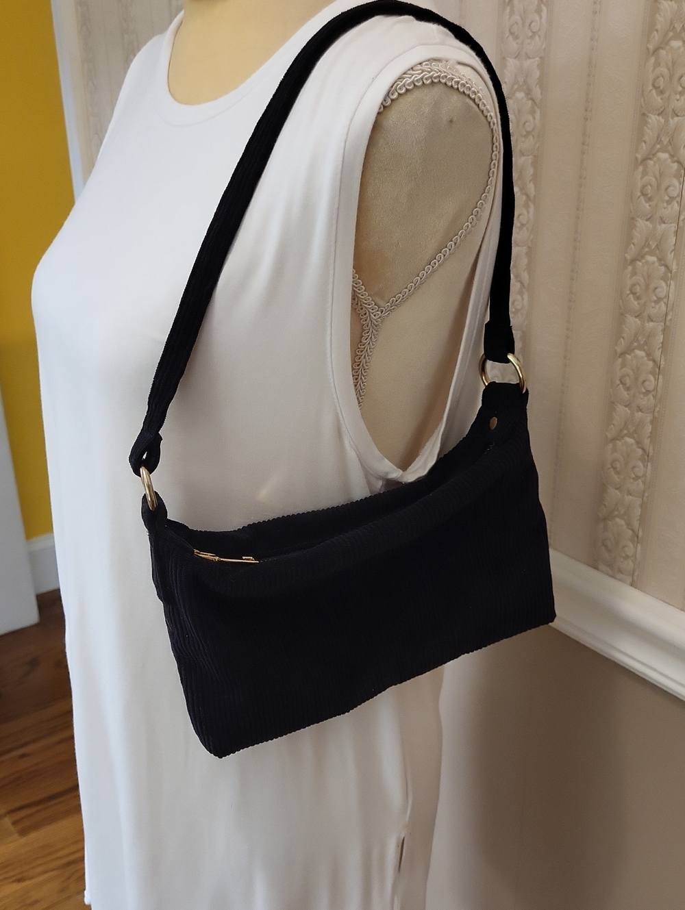 Black Corduroy Small Shoulder Bag with Gold Hardware